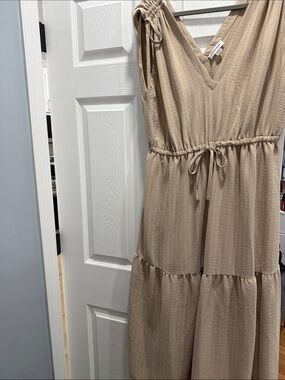 Calvin Klein Taupe Tiered V-Neck Maxi Dress with Drawstring